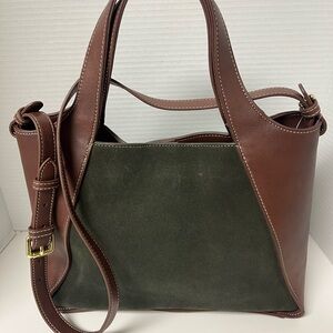 J. McLaughlin Brown Leather and Green Fabric Shoulder Bag